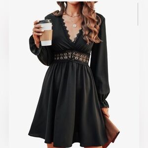 Cupshe Black Long Sleeve Lace-Trim V-Neck Dress